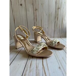 Badgley Mischka Ivanna Platino Metallic Suede Black Heel Gem Sandals Size 10